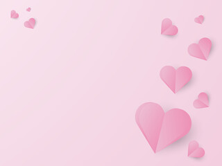 Happy Valentine's day. Flying Love pink Hearts in paper cut style.Pink background.
