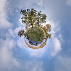 tiny planet transformation of spherical panorama 360 degrees. Spherical abstract aerial view in oak...