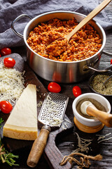 ground beef risotto bolognese in a metal stewpot