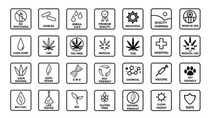 Big Set of CBD oil icons. THC free, made in USA, bio, vegan, premium quality, lab tested, omega 3-6-9, pure, natural, no pesticides, organic, eco, gluten free, pet friendly. Product label stamp seal.
