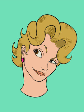 A nice blonde girl face portrait over a turquoise background. Vector illustration