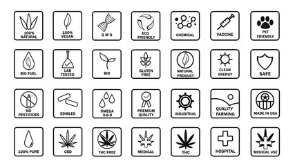 Big Set of CBD oil icons. THC free, made in USA, bio, vegan, premium quality, lab tested, omega 3-6-9, pure, natural, no pesticides, organic, eco, gluten free, pet friendly. Product label stamp seal.
