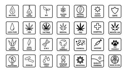 Big Set of CBD oil icons. THC free, made in USA, bio, vegan, premium quality, lab tested, omega 3-6-9, pure, natural, no pesticides, organic, eco, gluten free, pet friendly. Product label stamp seal.
