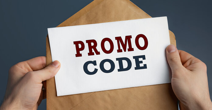 Male hands holding craft envelope with text PROMO CODE on blue background