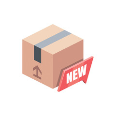 New text label cardboard box. Vector 3d isometric, color web icons set, new flat style. Creative illustration, idea for infographics.