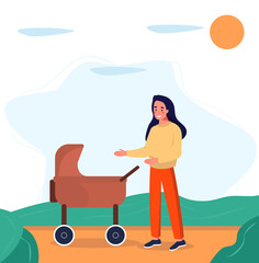 Young mother walking in the Park with a stroller on sunny day. Vector flat illustration