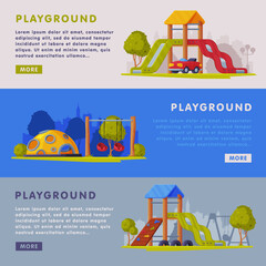 Children Playground Zone with Slide and Swing Landing Page Template Vector Set