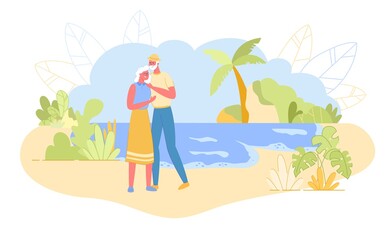 Loving Aged Couple Embracing Stand on Sandy Beach