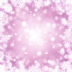 Festive whіte and purple bokeh background with a frame of shiny white snowflakes