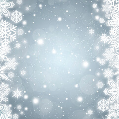 Naklejka na ściany i meble Festive silver bokeh background with a border of white snowflakes