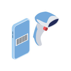 Mobile phone screen and barcode scaner. Vector 3d isometric, color web icons set, new flat style. Creative illustration, idea for infographics.