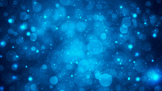 Shiny blue bokeh background with circles and flashes