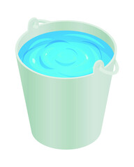 Isometric vector illustration grey bucket with water isolated on white background. Metal bucket of water colorful vector icon. Zinc bucket filled with clean water in flat cartoon style.
