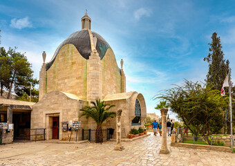 Dominus Flevit Church and sanctuary on Mount of Olives opposite walls of the Old City of Jerusalem, Israel