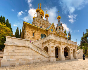 Russian orthodox church of St. Mary Magdalene on Mount of Olives in Kidron river valley opposite...