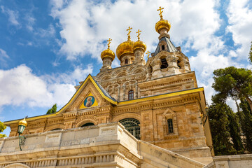 Russian orthodox church of St. Mary Magdalene on Mount of Olives in Kidron river valley opposite walls of Old City of Jerusalem, Israel