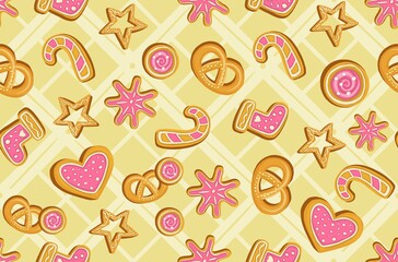 Winter seamless patterns with gingerbread cookies. Awesome holiday background. Christmas repeating texture for surface design, wallpapers, fabrics, wrapping paper etc. Vector illustration