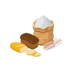 Flour bag black bread and loaf. Vector 3d isometric, color web or print icons, new flat style. Creative illustration, idea for infographics.