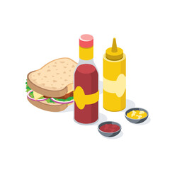 Mustard ketchup sandwich. Vector 3d isometric, color web or print icons, new flat style. Creative illustration, idea for infographics.