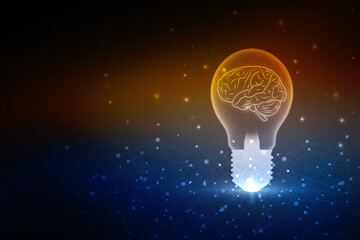 2d illustration Brainstorm concept with futuristic glowing low polygonal light bulb and human brain