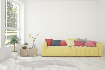 White living room with sofa. Scandinavian interior design. 3D illustration