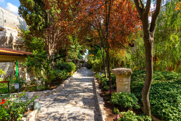 Garden Tomb park considered as place of burial and resurrection of Jesus Christ near Old City of Jerusalem, Israel