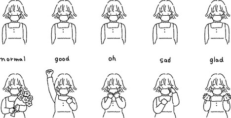 子供　マスクで花粉症や風邪予防をする女の子のイラストセット Children Illustration set of a girl using a mask to prevent hay fever and colds.