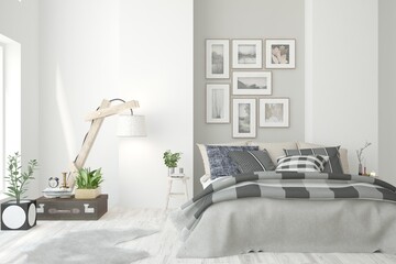 White bedroom interior. Scandinavian design. 3D illustration