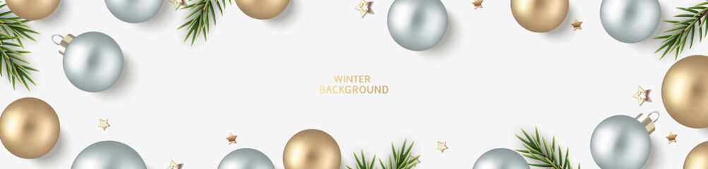 New Year and Christmas design template. Xmas white background with decorative golden, silver ball and golden star confetti with fir twig. Flat lay. Top view. Vector stock illustration.