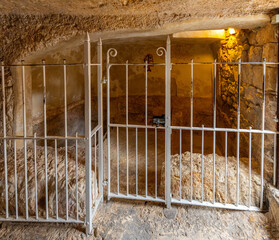 Burial chamber Interior of Garden Tomb considered as place of burial and resurrection of Jesus Christ near Old City of Jerusalem, Israel