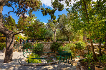 Outdoor wine press in Garden Tomb park considered as place of burial and resurrection of Jesus Christ near Old City of Jerusalem, Israel