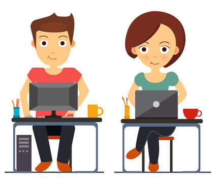Business man and woman working at the computer and laptop illustration in flat style, isolated on white background.  Boy and girl sitting on chair in front of monitors. 