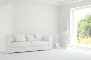 White living room with sofa and summer landscape in window. Scandinavian interior design. 3D illustration