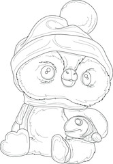 Cute cartoon penguin in Christmas hat and scarf with fish sketch template. Vector illustration in black and white for games, background, pattern, decor. Coloring paper, page, story book, print