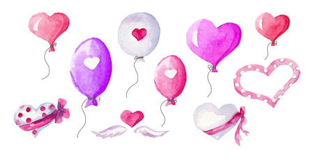 Heart shaped balloons for Valentine's Day. Watercolor illustration. Heart with wings, sweets. Pink