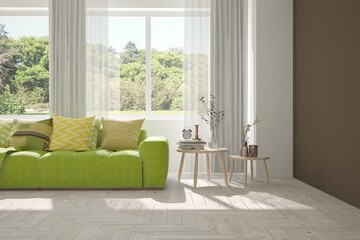 White living room with sofa and summer landscape in window. Scandinavian interior design. 3D illustration