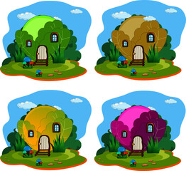 vector illustration set of cabbage house with grass and cloud