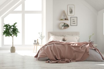 White bedroom interior. Scandinavian design. 3D illustration