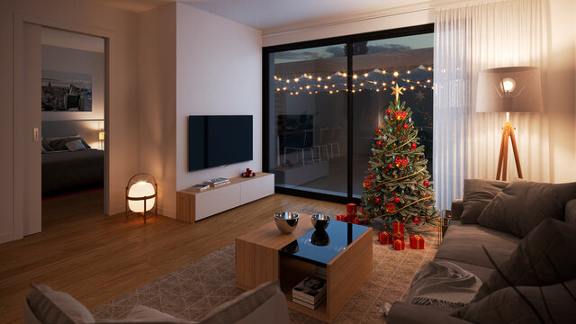 Modern interior home of living room with decorated Christmas tree - 3D Render
