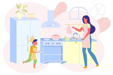 Fototapeta premium Flat Mother and Son Cooking Together in Kitchen.