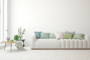 White living room with sofa. Scandinavian interior design. 3D illustration