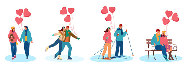Fototapeta premium Vector Set Of Young Couples In Love With Heart Shaped Balloons Celebrating Saint Valentine's Day Outdoors. Walking Hand In Hand, Ice Skating, Cross-country Skiing, Sitting On Snowy Park Bench.