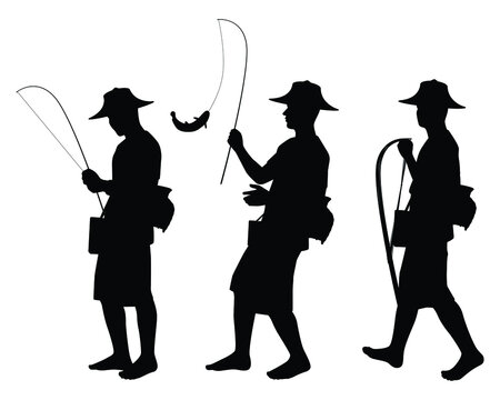 Set of Asian fisherman with fishing pole silhouette vector