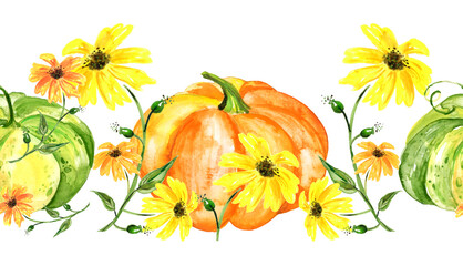 Seamless watercolor background, border with pumpkin and yellow flowers sunflower and calendula pattern.Watercolor picture, logo, banner. For package. Orange pumpkin vegetable, yellow beautiful flower.