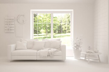 White living room with sofa and summer landscape in window. Scandinavian interior design. 3D illustration