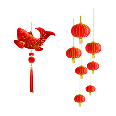 Traditional Chinese New Year decoration red goldfish and red lamp on white background. Vector illustration