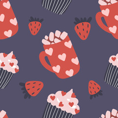 Cute pattern for Valentine's day with cappuccino and cupcake. Vector illustration on a dark background.