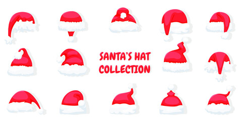 Big set of realistic Santa Claus hats isolated on white background. Christmas bright, red Santa Claus hats with fur and fur bubo. Vector illustration