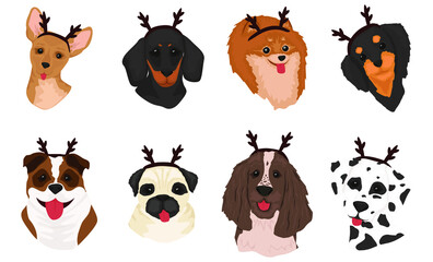 Collection of funny dogs of different breeds. Merry Christmas and Happy New Year 2021. Cute doodle corgi for Christmas. Cute dogs with deer antlers. Vector illustration