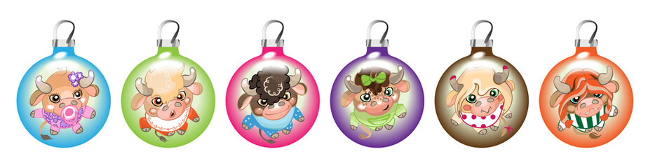 Christmas balls with the image of small Bulls, calves, cows. Colorful collection of Christmas toys. Decoration for the Christmas holidays.